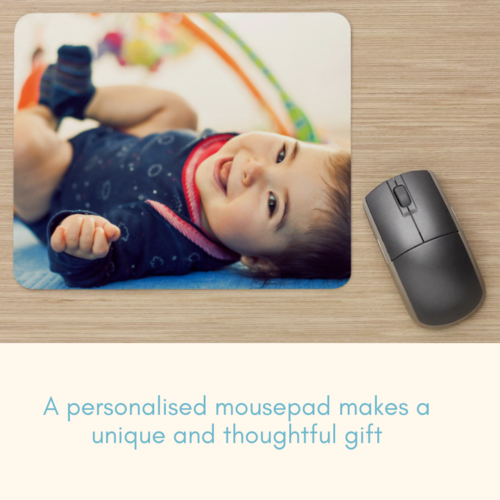 Personalised photo mouse pad featuring a custom design with a baby family photo