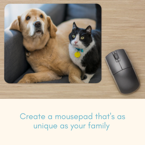 Personalised photo mouse pad featuring a custom design with a pet cat dog baby family photo