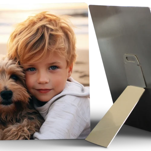 ChromaLuxe metal print of a boy hugging his dog