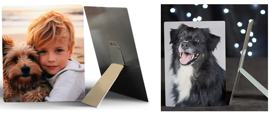 The image shows a kid and a dog showcased on a metal panel (Chromaluxe).