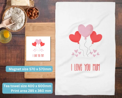 Personalised Heart Balloons gift set for Mum – magnet and tea towel